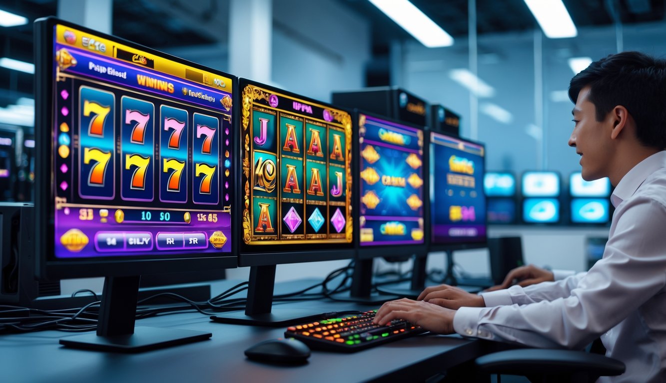 Seorang pria sedang bermain mesin slot online di meja dengan beberapa monitor di ruangan yang terang dan modern.