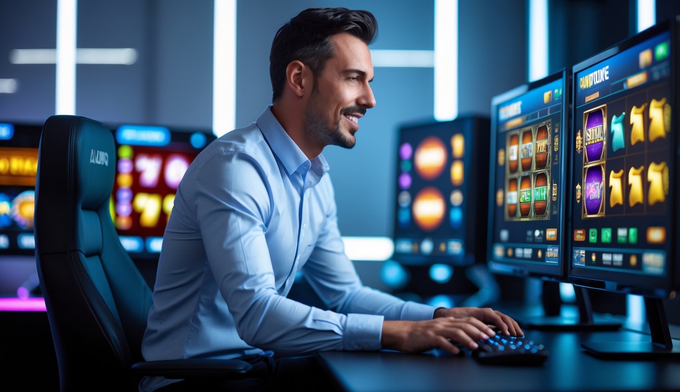 Seorang pria dewasa fokus bermain game slot online dengan beberapa layar komputer di meja modern.