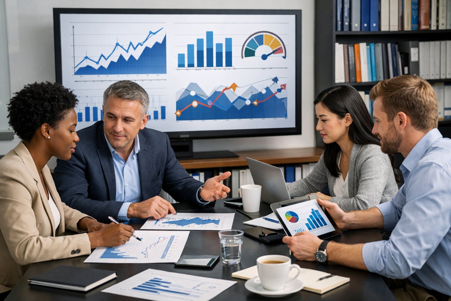 Des professionnels travaillent ensemble autour d'une table avec des ordinateurs et des graphiques, analysant des données économiques dans un bureau moderne.