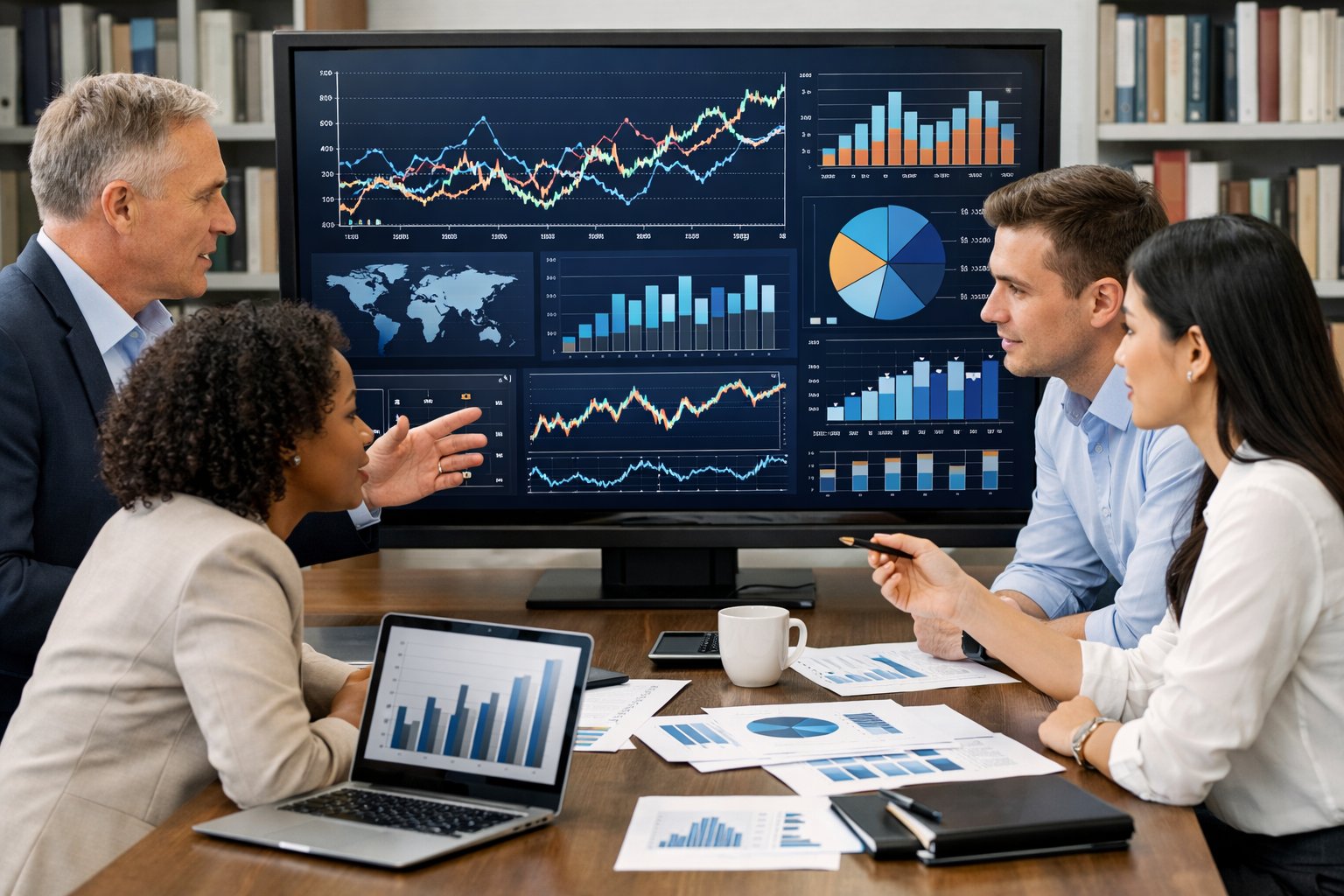 Un groupe de professionnels en bureau moderne analysant des graphiques et des données économiques sur un écran numérique.
