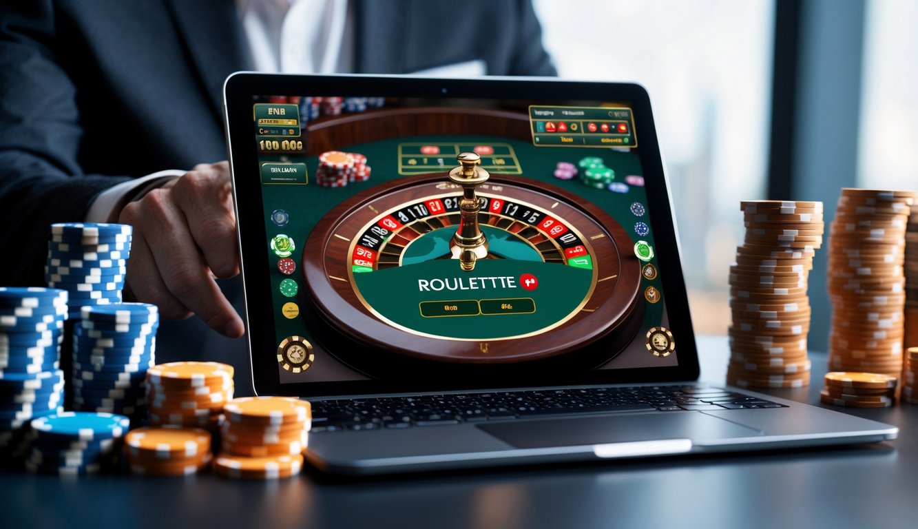 Seorang pemain menggunakan laptop untuk bermain mini roulette online dengan tampilan roda roulette dan chip taruhan di meja.