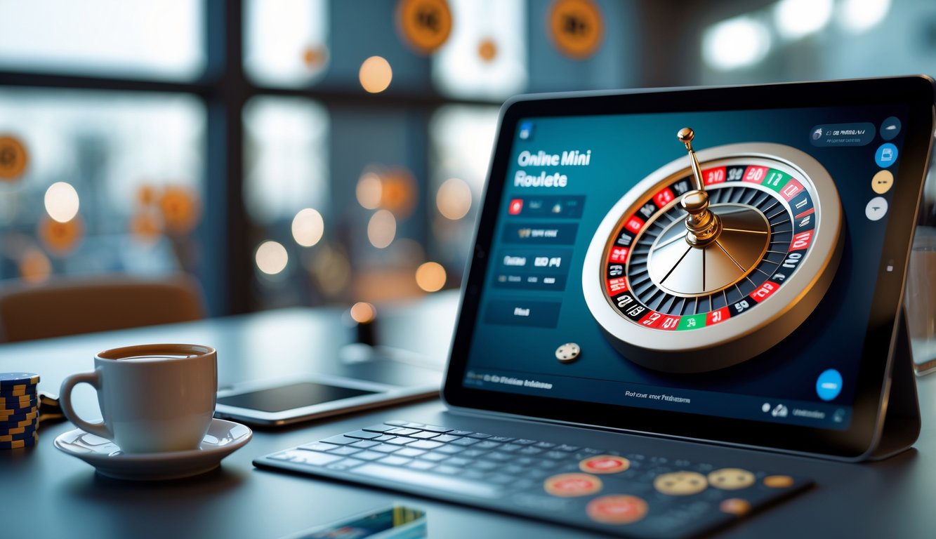 Sebuah meja dengan perangkat digital yang menampilkan permainan mini roulette online dengan suasana yang profesional dan rapi.