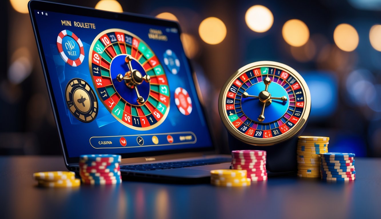 Sebuah laptop menampilkan roda mini roulette dengan beberapa chip taruhan di dekatnya.