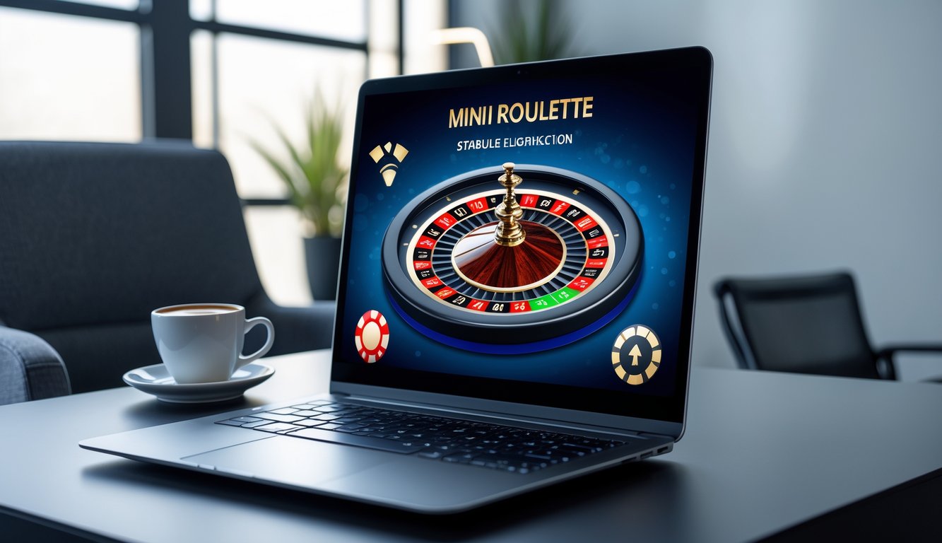 Sebuah meja kerja modern dengan komputer yang menampilkan permainan mini roulette online dan suasana yang tenang serta rapi.