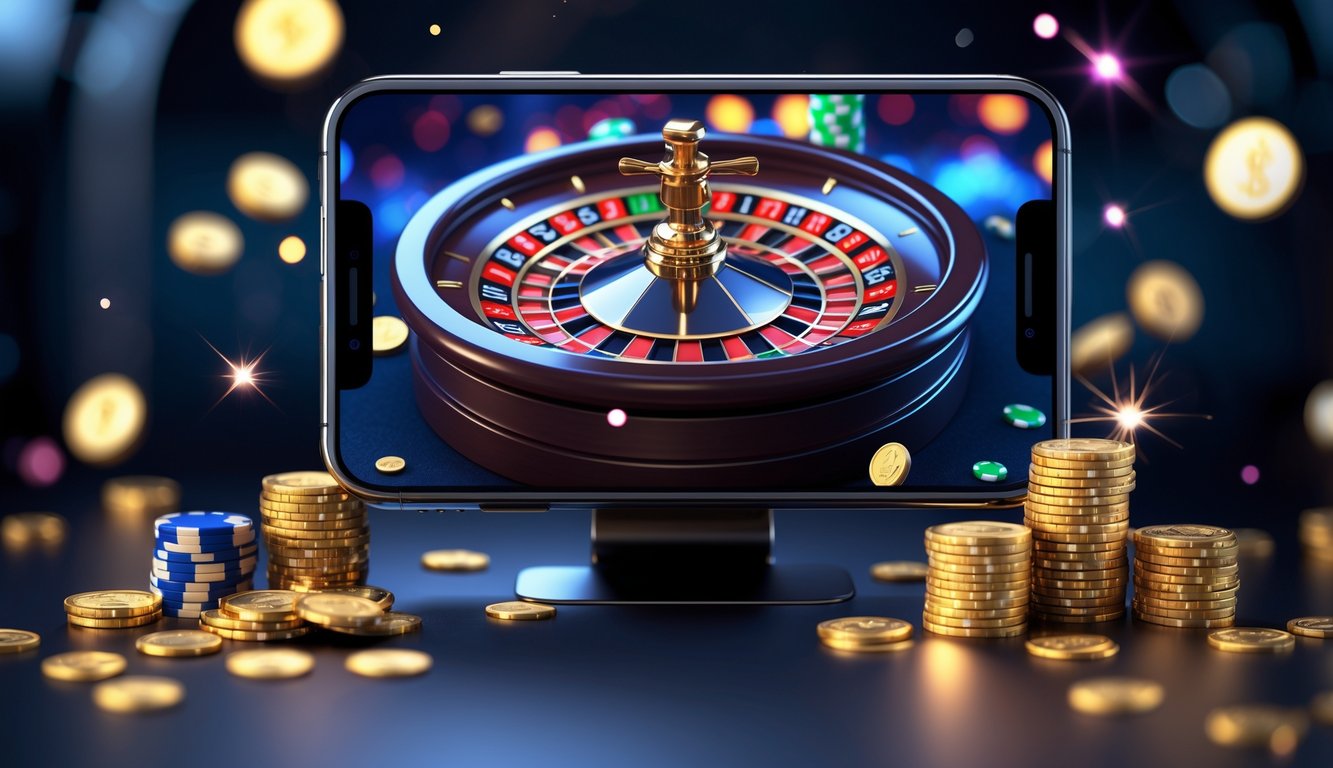 Sebuah adegan permainan mini roulette online dengan roda roulette digital dan tumpukan chip kasino di latar belakang.