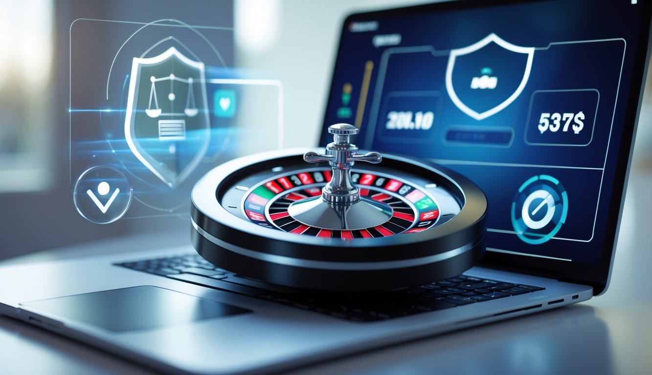 Tampilan komputer dengan roda mini roulette digital yang sedang berputar, dikelilingi simbol keamanan dan keadilan.