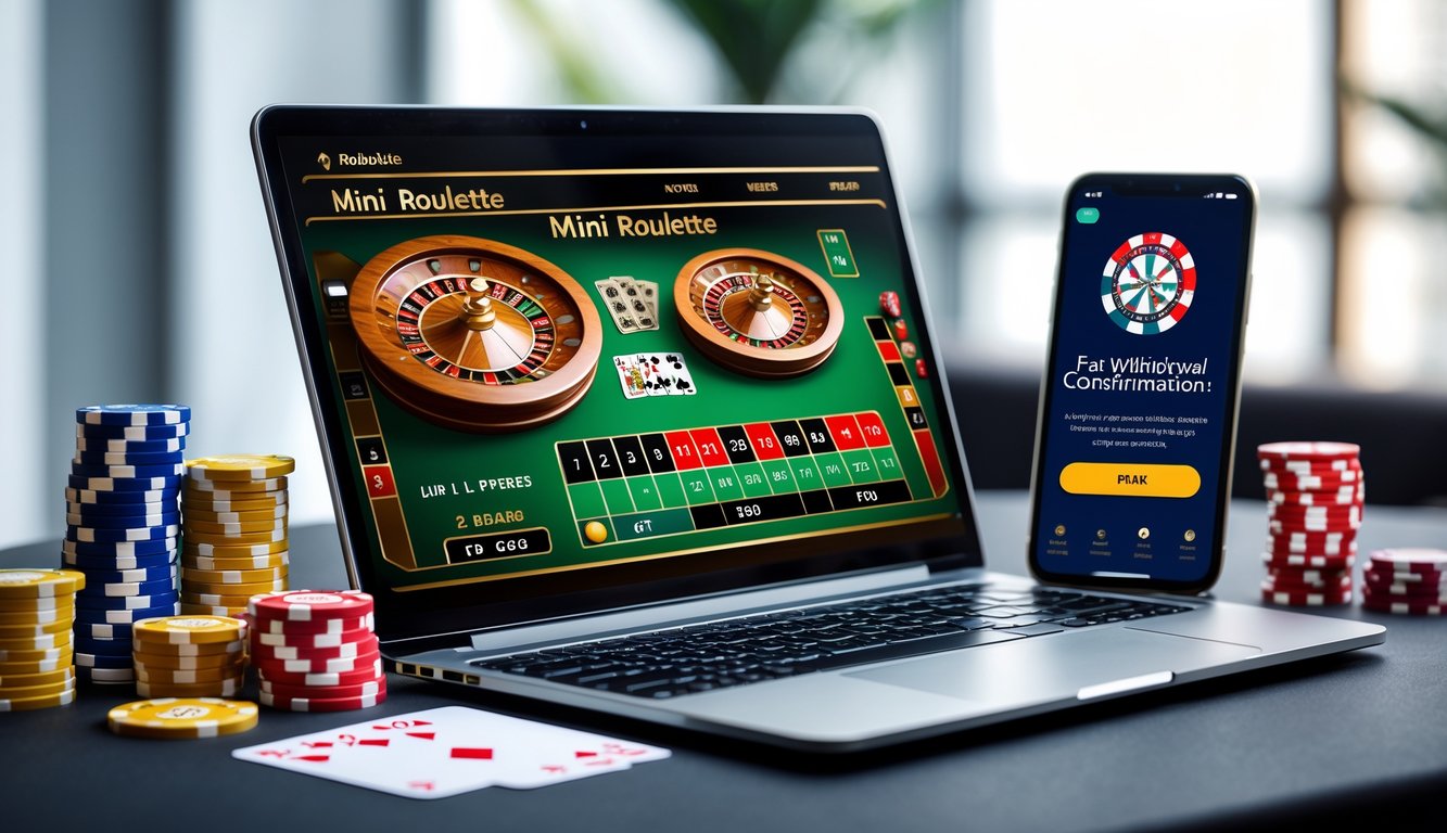 Laptop menampilkan permainan mini roulette online dengan chip dan kartu remi di sekitarnya serta ponsel menunjukkan konfirmasi penarikan cepat.