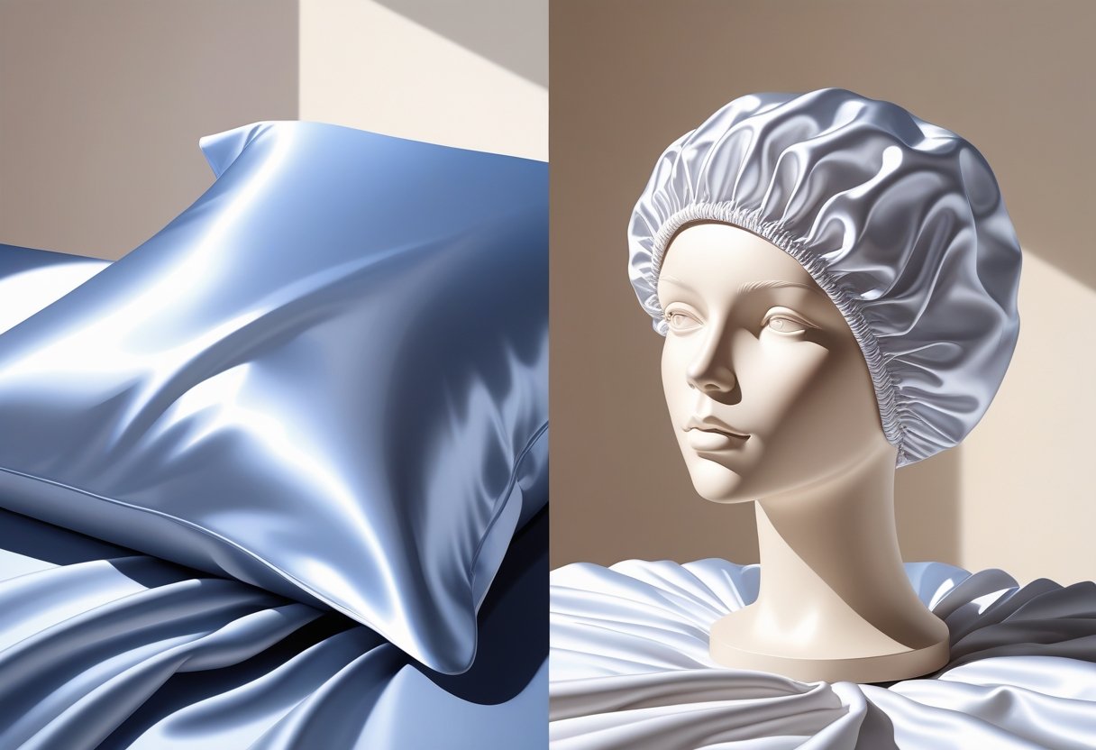 A split image showing a silk pillowcase on a bed on one side and a silk bonnet on a mannequin head on the other side.