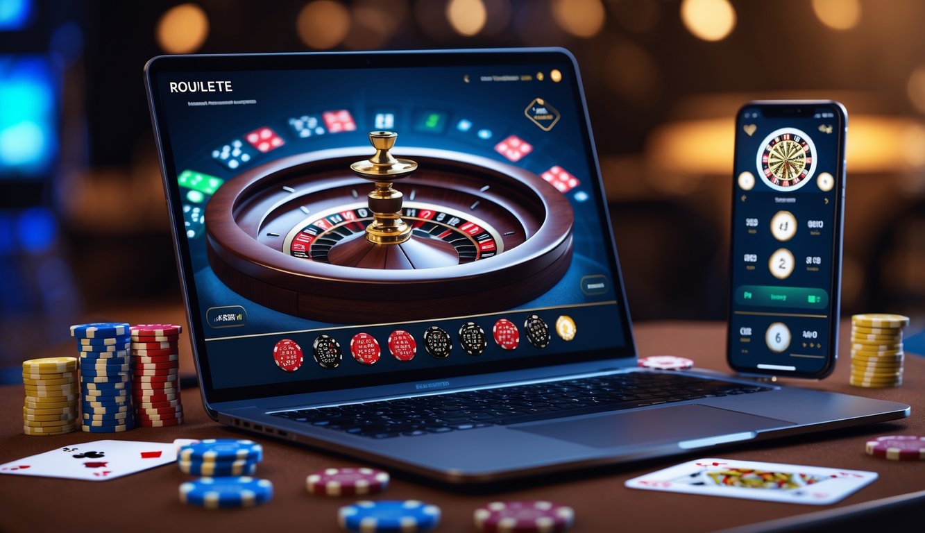 Sebuah meja dengan laptop yang menampilkan permainan mini roulette online, dikelilingi oleh chip poker dan kartu remi.