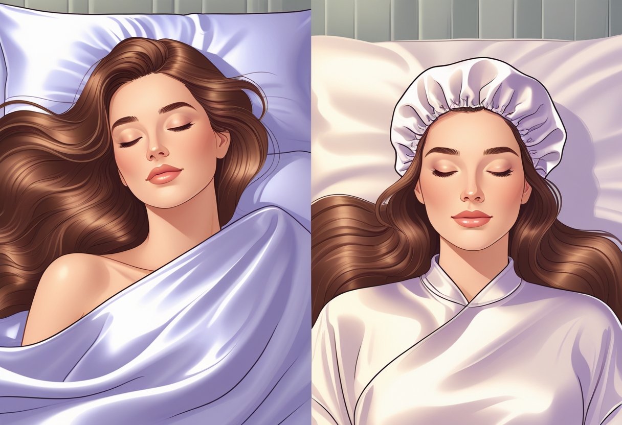 A woman sleeping on a silk pillowcase on one side and wearing a silk bonnet on the other, both showing smooth, healthy hair.