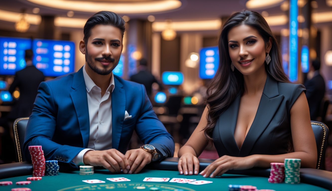 Seorang pria dan wanita duduk di meja poker di kasino modern, fokus bermain kartu dengan tumpukan chip di depan mereka.