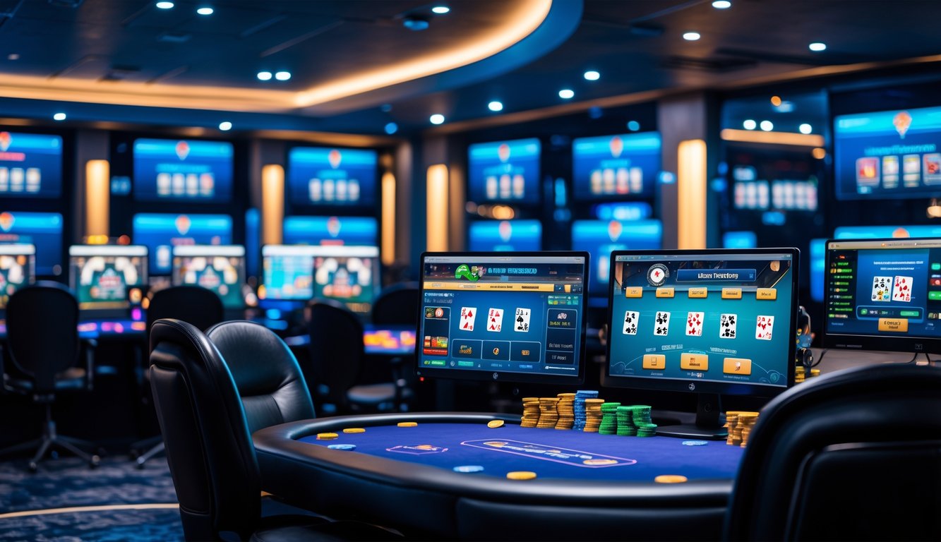 Ruangan gaming dengan beberapa meja poker aktif yang ditampilkan di layar komputer.