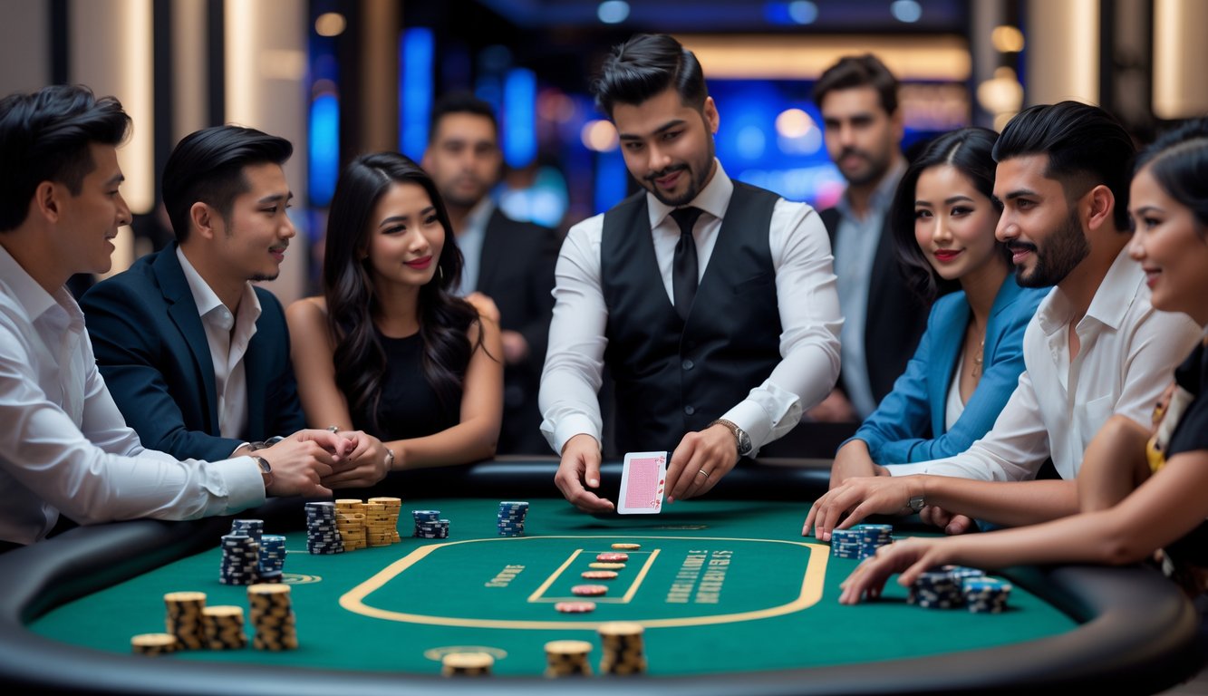 Meja poker dengan pemain beragam sedang bermain kartu di kasino yang elegan.