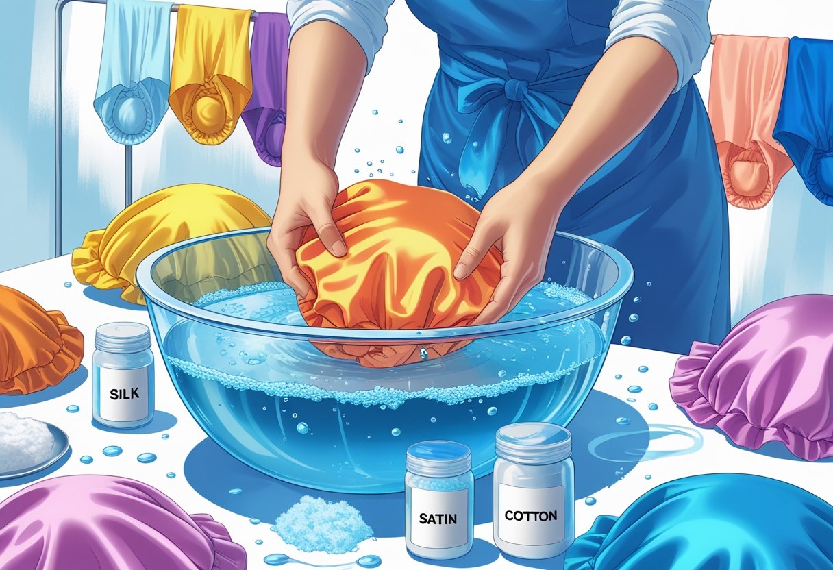 Hands washing a colorful bonnet in a basin of soapy water with different bonnet materials and drying bonnets in the background.