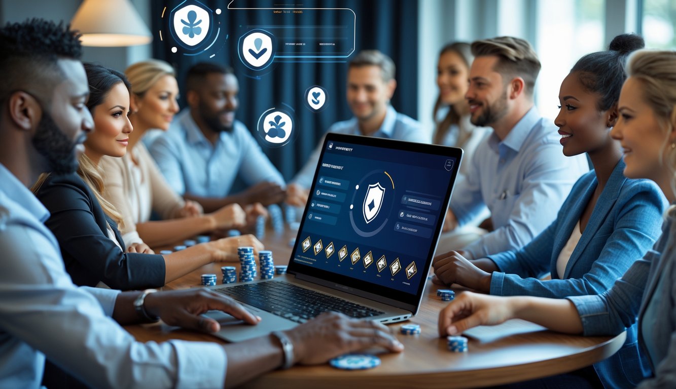 Beberapa orang dewasa bermain poker online bersama di depan komputer di ruangan yang terang dan modern.