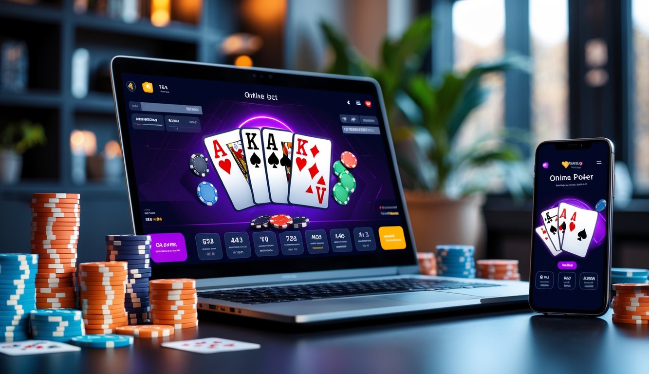 Sebuah meja dengan komputer menampilkan permainan poker online, dikelilingi oleh tumpukan chip poker dan kartu remi di ruangan yang rapi dan terang.
