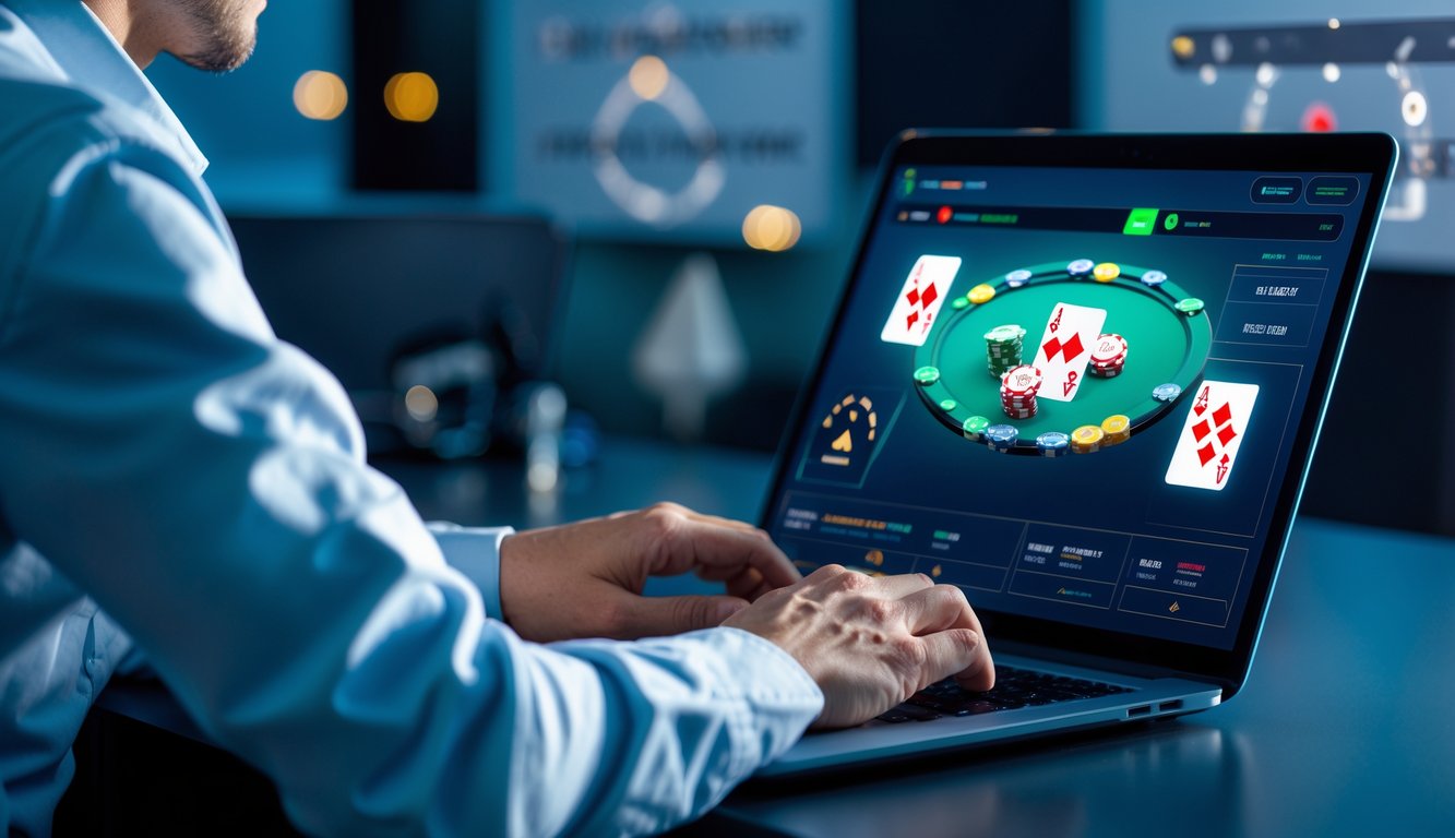 Seseorang menggunakan laptop dengan tampilan permainan poker online di layar, di ruang kerja modern yang bersih.