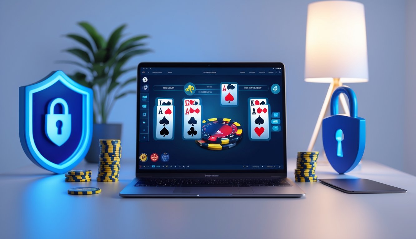 Meja kerja modern dengan komputer menampilkan permainan poker online, suasana profesional dan terpercaya.