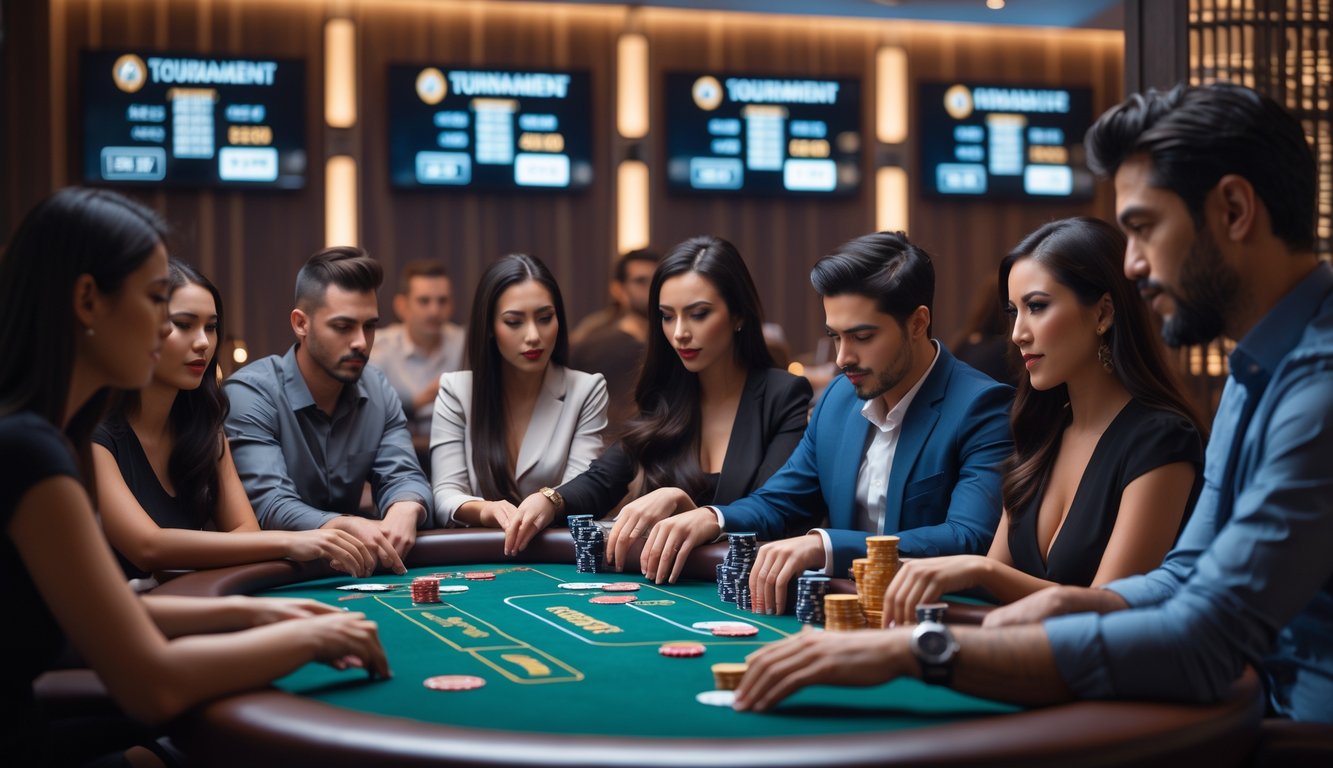 Beberapa orang bermain poker di meja dengan kartu dan chip, suasana turnamen dan jackpot terlihat dari layar digital di latar belakang.