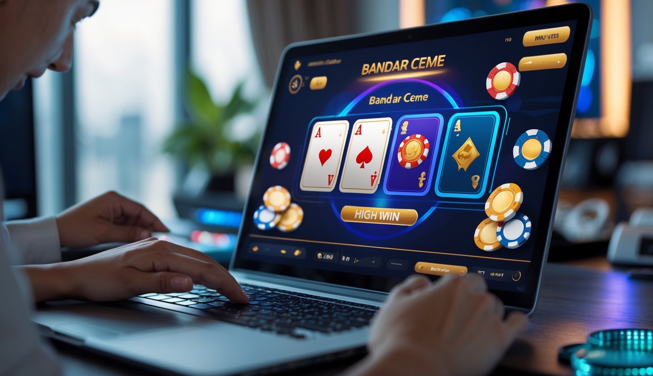 Seorang pemain menggunakan komputer untuk bermain permainan kartu Bandar Ceme secara online di ruangan yang terang dan rapi.