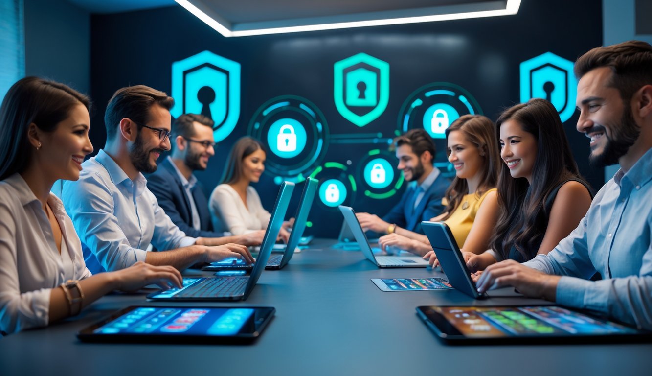 Beberapa orang bermain permainan kartu online di perangkat digital dalam ruangan modern yang aman dan nyaman.