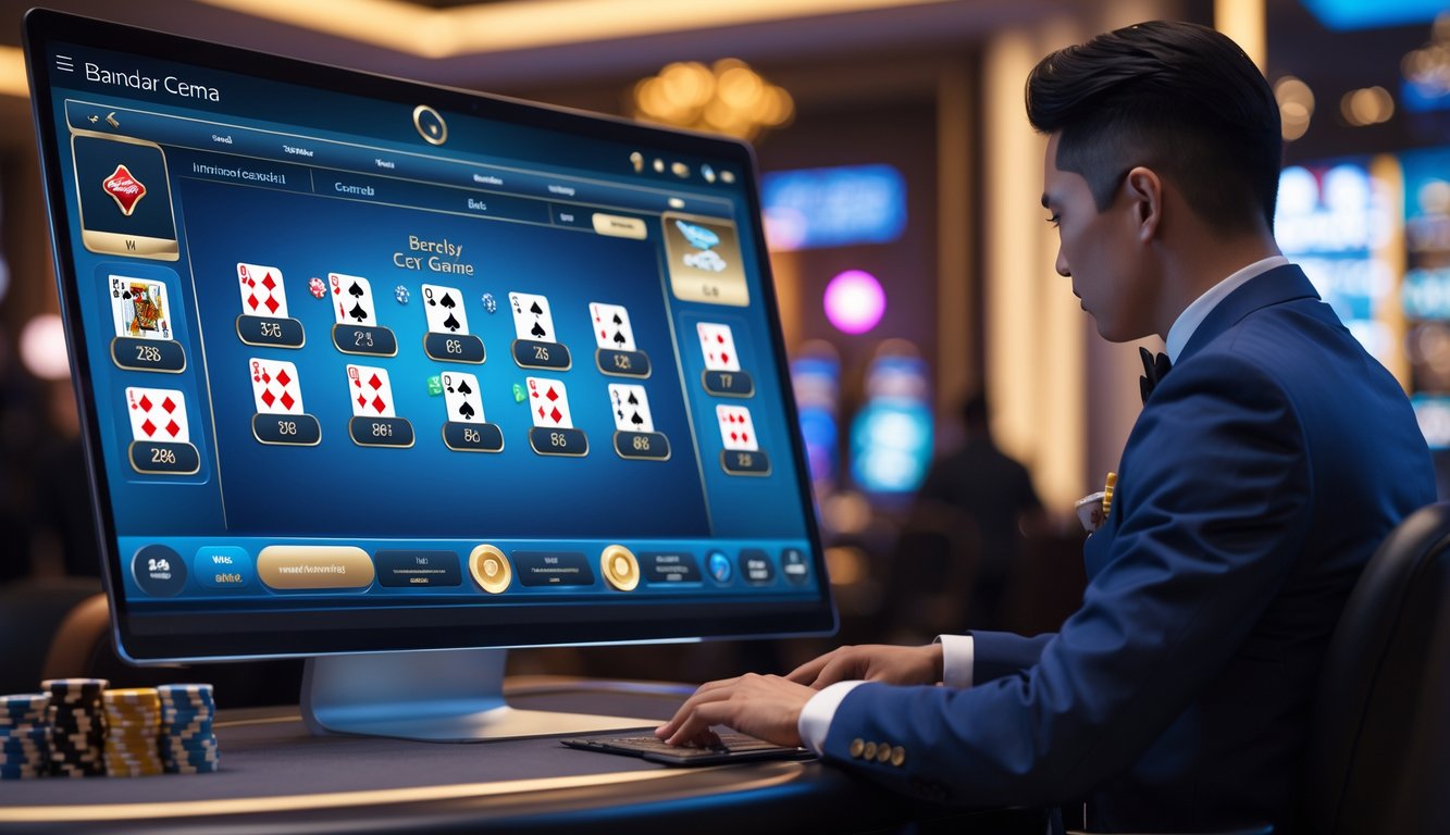 Seorang dealer profesional sedang mengelola permainan kartu Bandar Ceme online di depan layar komputer dalam suasana kasino modern.