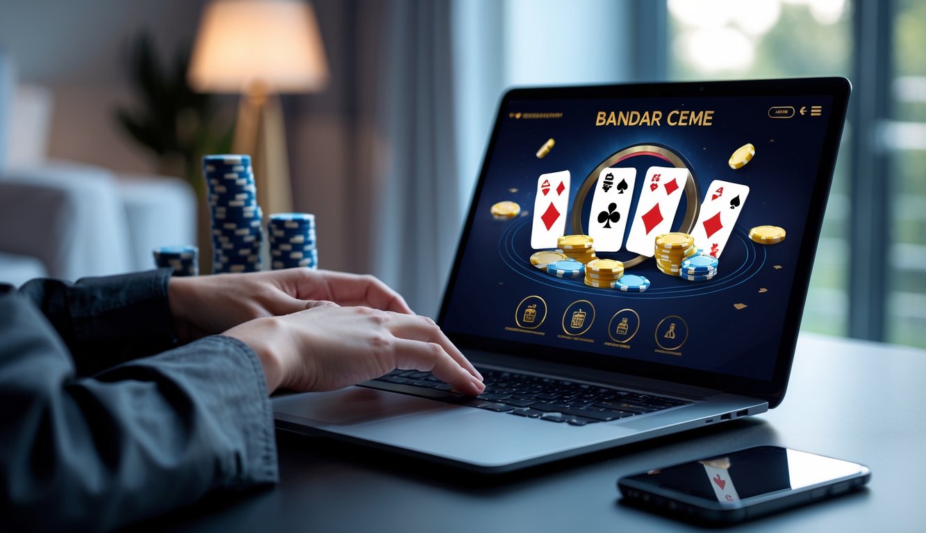 Seseorang sedang bermain permainan kartu Bandar Ceme secara online di depan laptop di ruang kerja yang nyaman.