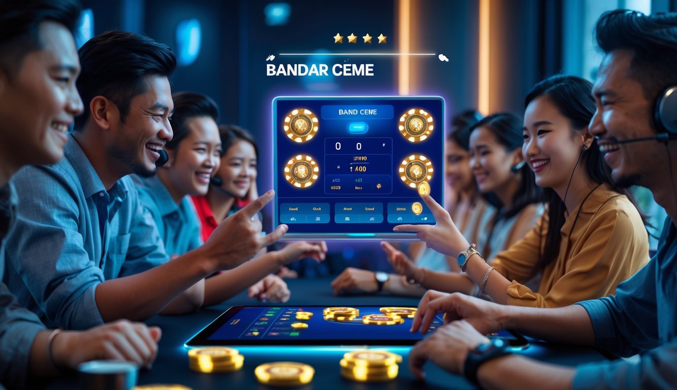 Beberapa orang sedang bermain permainan kartu Bandar Ceme secara online di sebuah ruangan modern dengan perangkat digital.