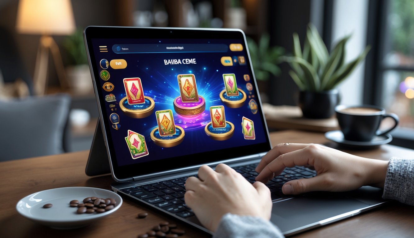 Seseorang bermain permainan kartu Bandar Ceme secara online menggunakan laptop di lingkungan rumah yang nyaman.