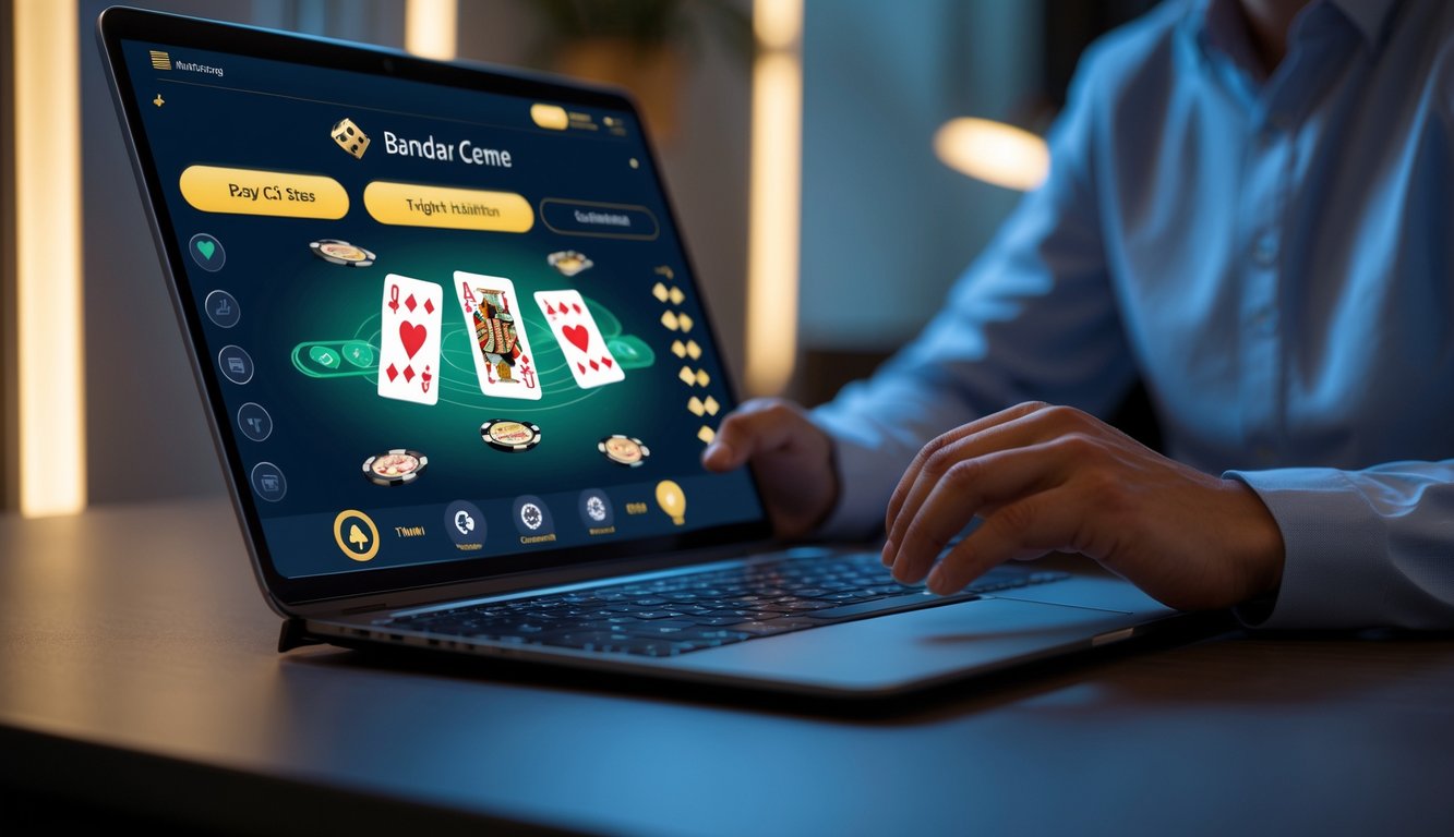 Seseorang menggunakan laptop dengan permainan kartu virtual di layar dalam ruangan yang nyaman dan terang.