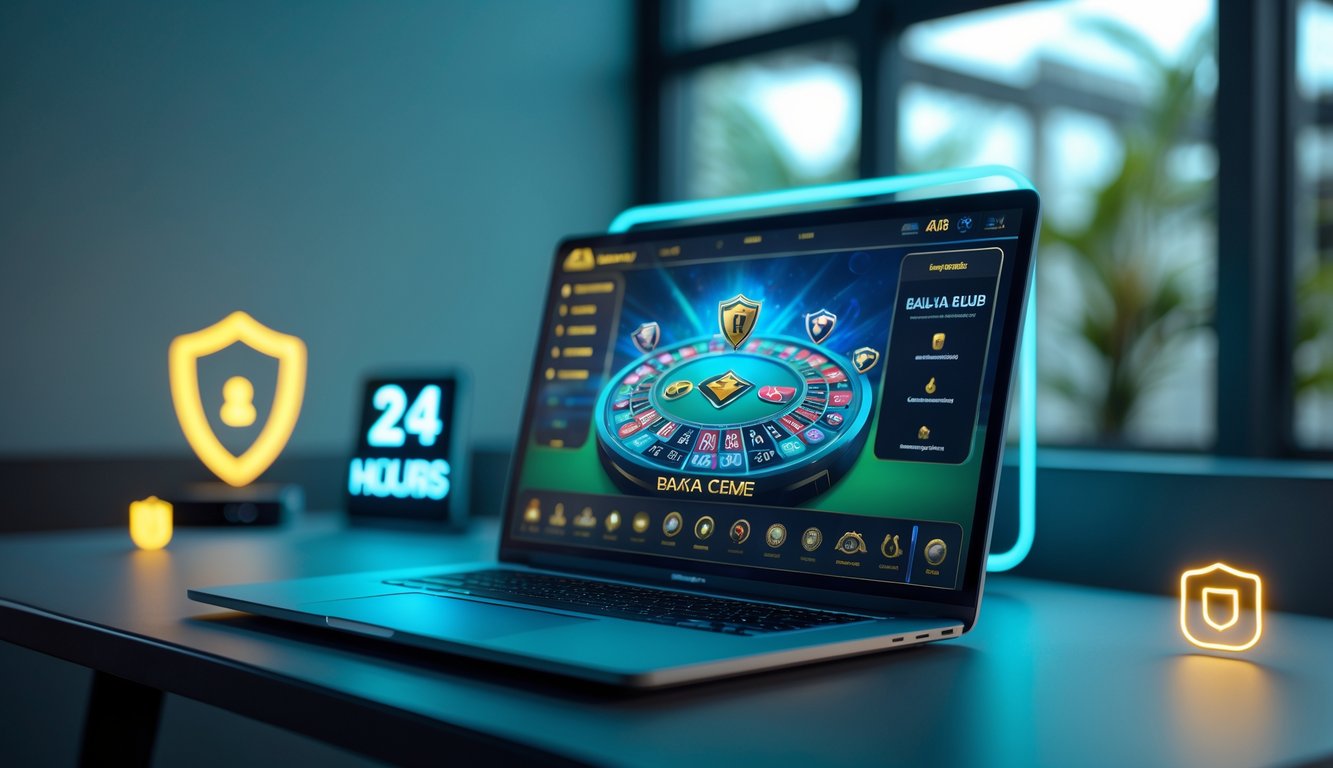 Seorang pemain sedang menggunakan komputer di meja kerja dengan tampilan permainan kartu Bandar Ceme online yang aktif dan suasana yang tenang dan profesional.