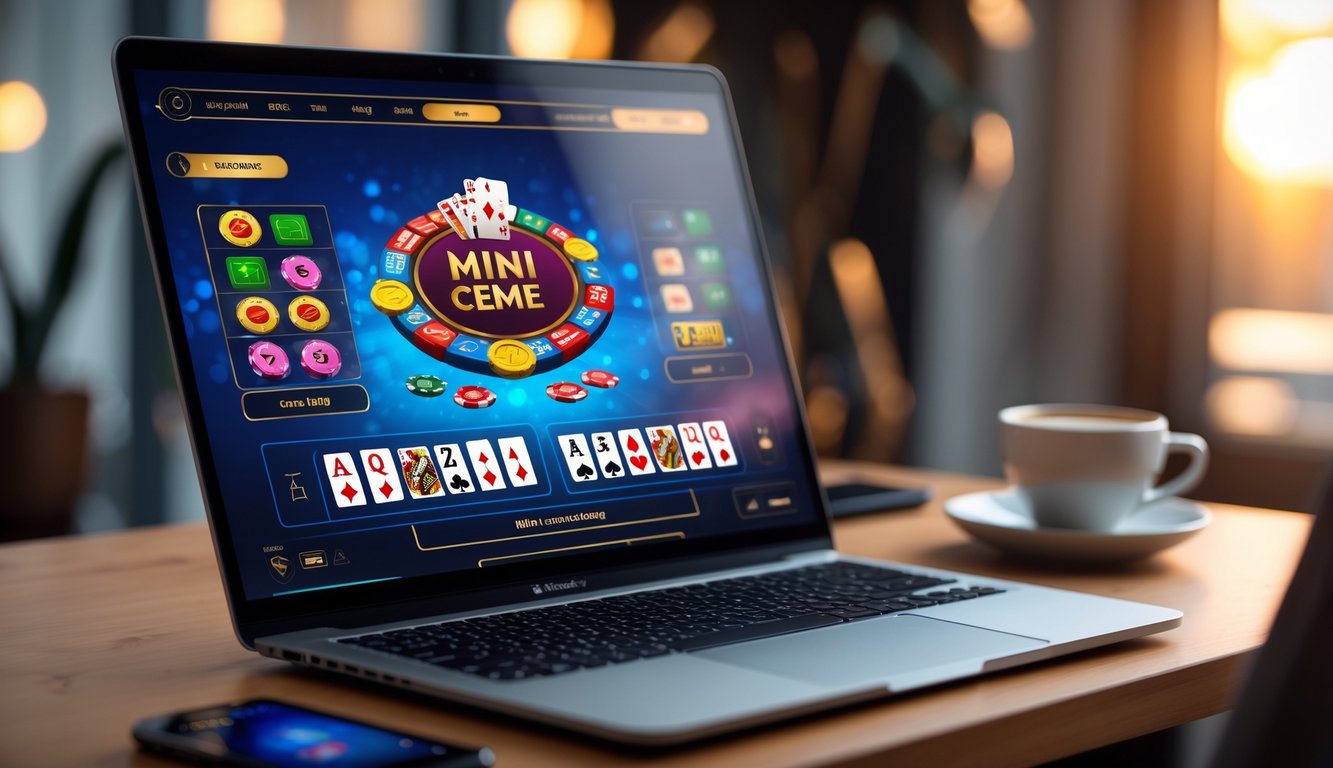 Seorang pengguna sedang bermain judi Mini Ceme online di laptop dengan ponsel dan kopi di meja kerja.