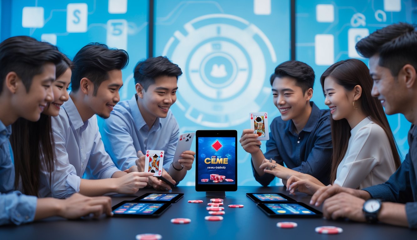 Sekelompok orang muda bermain permainan kartu online di meja dengan perangkat digital di ruangan yang terang dan modern.