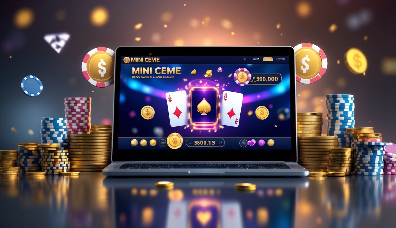 Sebuah laptop modern dengan tampilan permainan kartu Mini Ceme online, dikelilingi tumpukan chip poker dan koin emas yang melambangkan jackpot besar.
