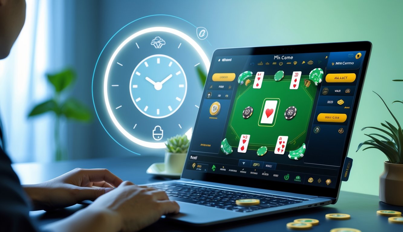 Seorang pemain menggunakan komputer untuk bermain permainan kartu mini ceme secara online di lingkungan yang bersih dan modern.