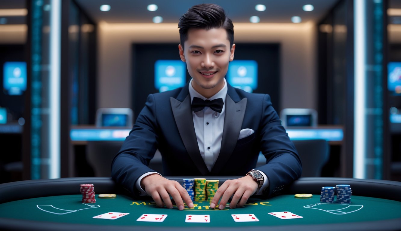 Seorang dealer profesional duduk di meja permainan dengan kartu dan chip, menciptakan suasana judi mini ceme online yang aman dan terpercaya.