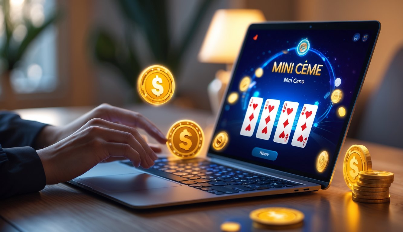 Orang menggunakan laptop dengan tampilan permainan kartu Mini Ceme online dan ikon bonus di meja kayu.