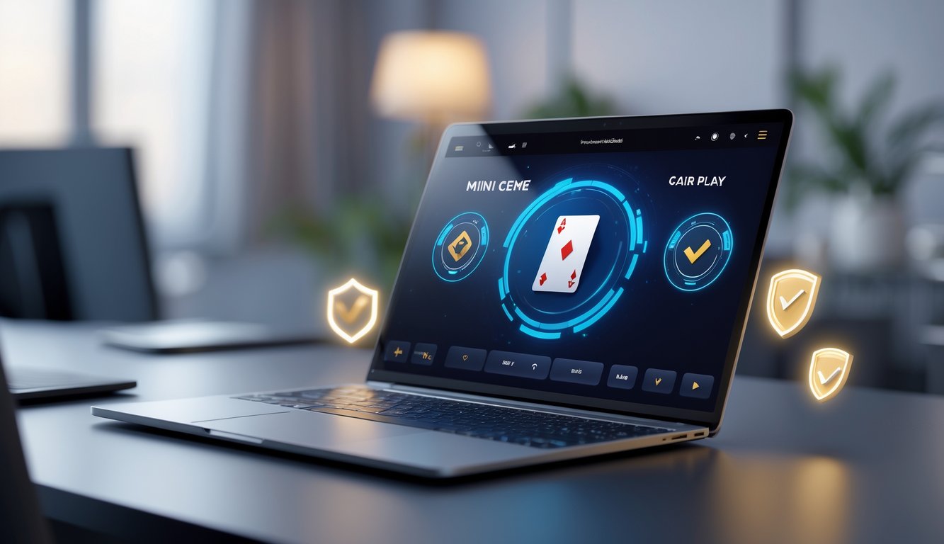 Sebuah perangkat digital menampilkan permainan kartu Mini Ceme dengan simbol keamanan dan latar belakang ruang kerja yang rapi.