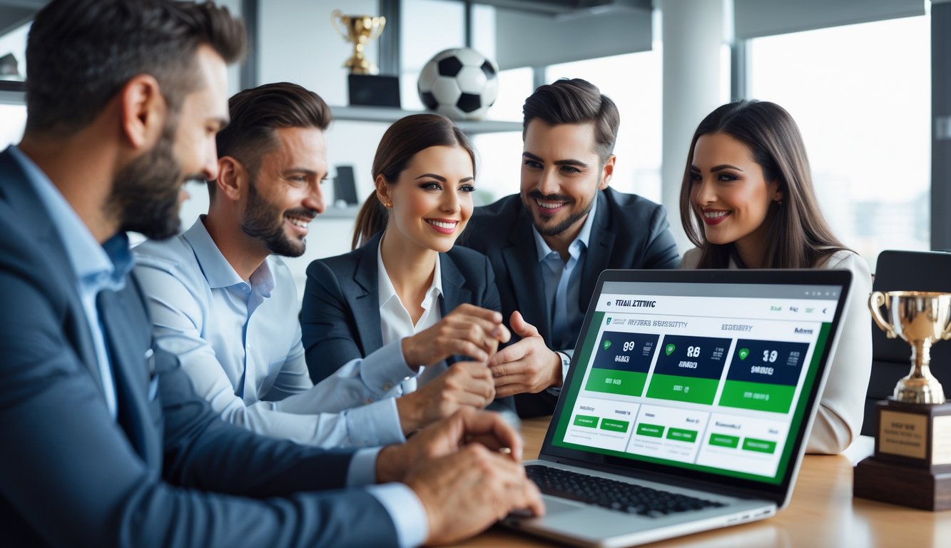 Orang-orang di kantor modern sedang melihat layar laptop dengan antarmuka taruhan olahraga online, dengan bola sepak dan piala di latar belakang.