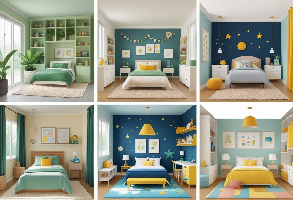 Seven small kids' bedrooms, each with different themes and clever space-saving furniture, showing cozy beds, storage, and playful decorations.