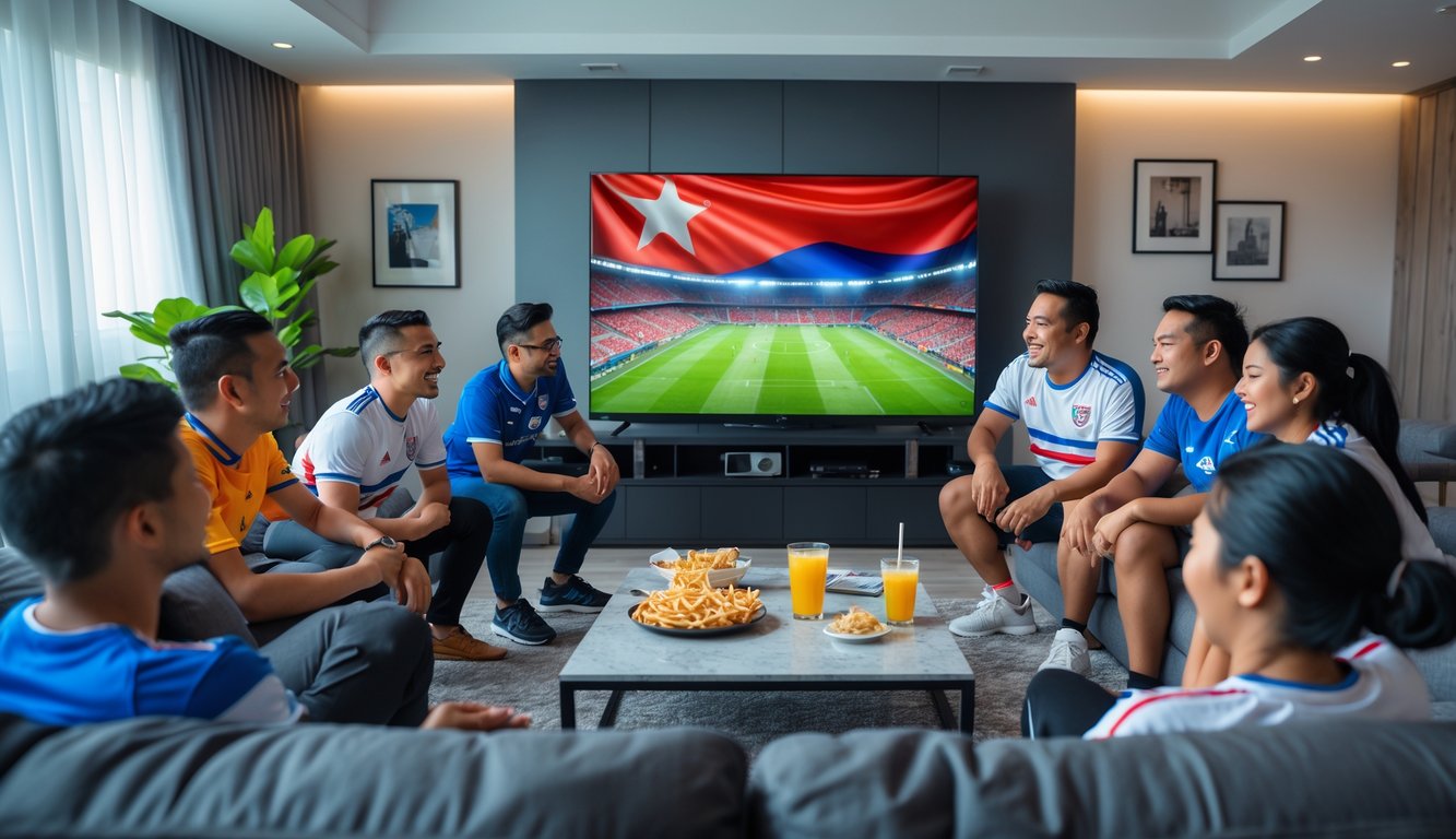 Sekelompok penggemar sepak bola Indonesia menonton pertandingan sepak bola di ruang tamu yang modern dengan ekspresi antusias.