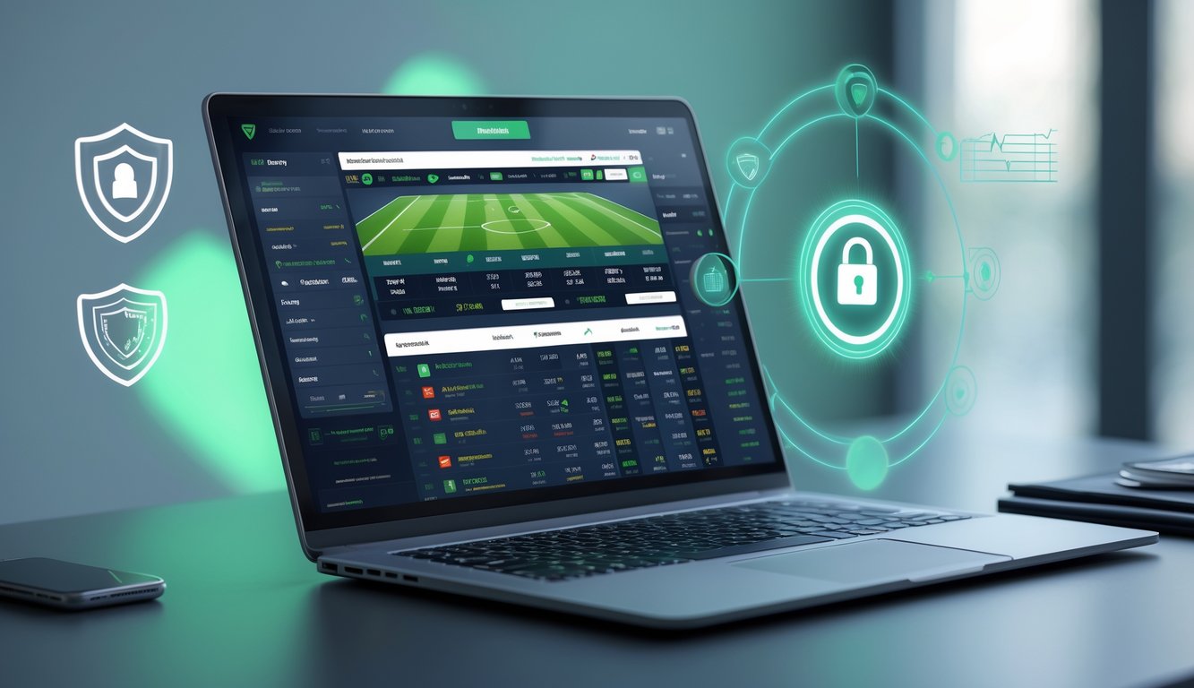 Sebuah layar komputer menampilkan antarmuka taruhan sepak bola online dengan simbol keamanan dan grafik pasar taruhan lengkap.