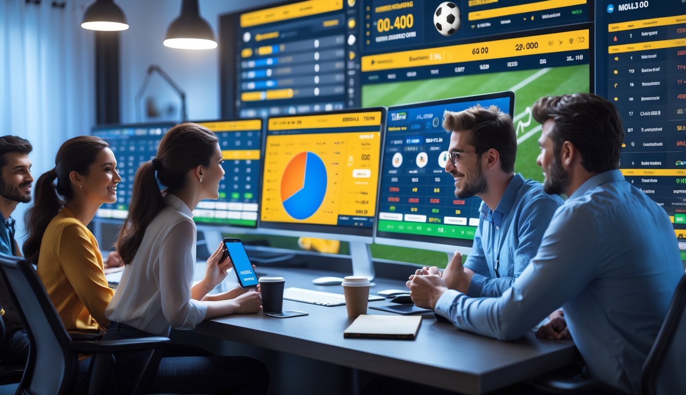 Sekelompok orang muda sedang melihat pertandingan sepak bola di komputer dan perangkat mereka dalam suasana yang cerah dan modern.