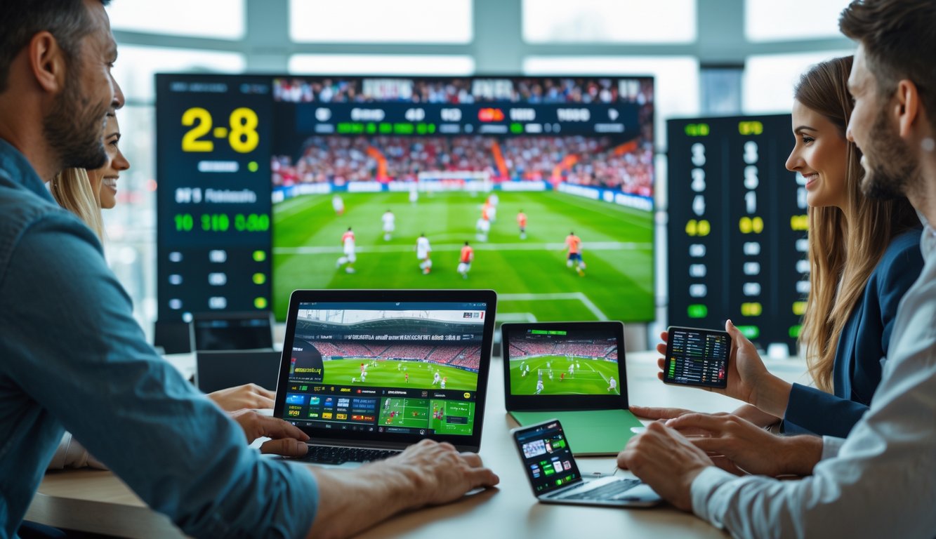 Beberapa orang menggunakan perangkat digital untuk memasang taruhan langsung pada pertandingan sepak bola yang sedang berlangsung.