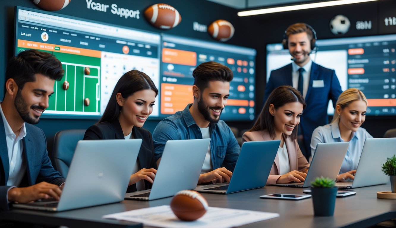 Sekelompok orang menggunakan laptop dan ponsel untuk bertaruh pada pertandingan sepak bola dengan perwakilan layanan pelanggan yang siap membantu di latar belakang.