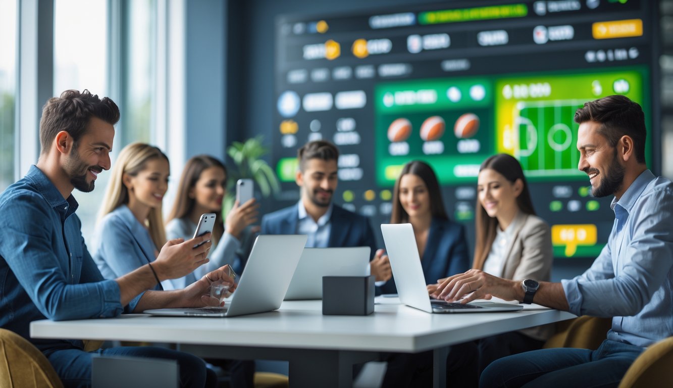 Orang-orang menggunakan ponsel dan laptop dalam suasana nyaman yang menunjukkan akses mobile dan desktop untuk taruhan bola online.