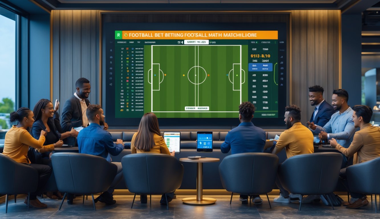 Sekelompok orang sedang menonton pertandingan sepak bola dan memasang taruhan di sebuah ruang taruhan olahraga modern.