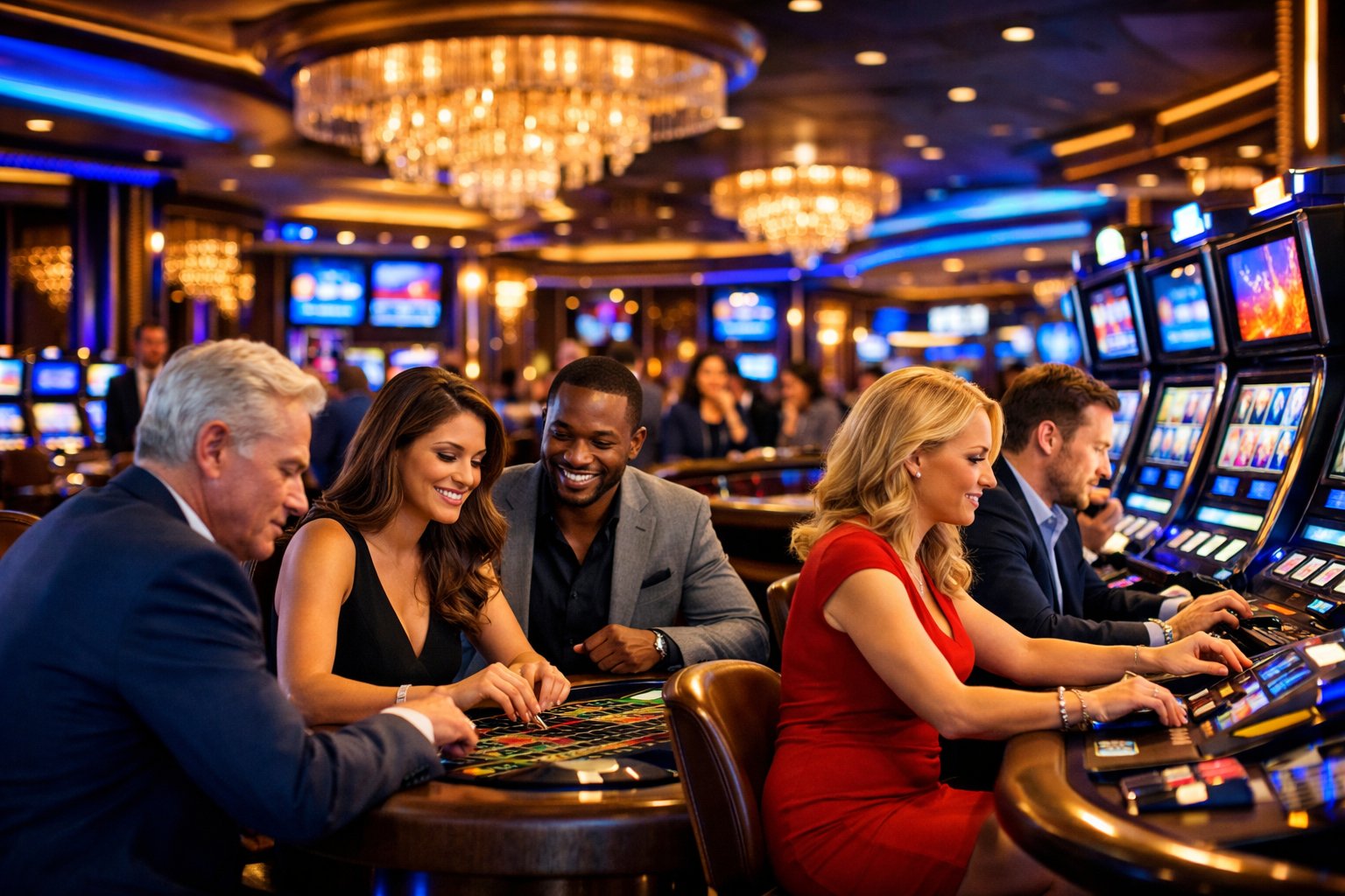 A Spacious Casino Interior With People Playing Slot Machines And Electronic Gaming Tables Under Colorful Neon Lights.