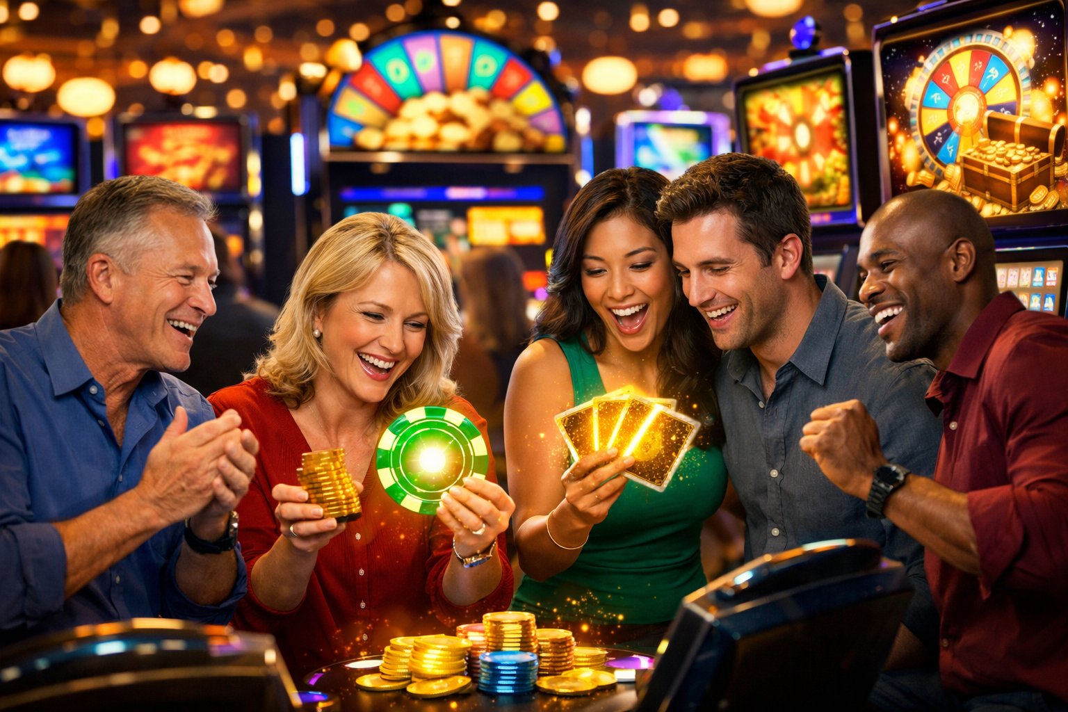 A Group Of Adults Enjoying A Lively Casino With Slot Machines And Digital Screens Showing Colorful Graphics Representing Bonuses And Promotions.