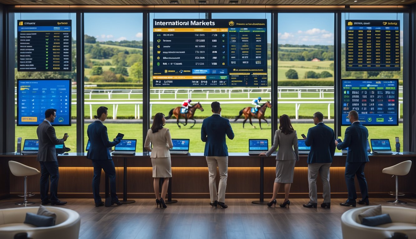 Orang-orang di ruang taruhan balap kuda modern dengan layar digital dan pemandangan lintasan balap kuda di luar jendela.